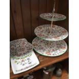 A Minton Haddon Hall 3 tier cake stand and 2 sandwich plates