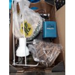 A box of miscellaneous items inc. foot pump, cables, clothes pegs etc