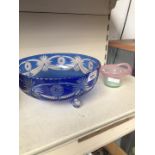 Cut glass Bohemian blue bowl and Monart small glass bowl