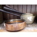 4 brass pans and a copper pan