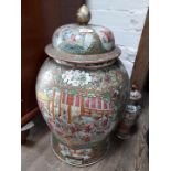 A large 19th century Chinese Canton pot with lid and a smaller one with lid - both damaged