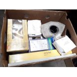 A box of misc household accessories to include boxed shelf, toilet roll holder, sockets, cable, etc