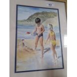 A framed water colour children building sandcastles