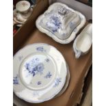 Box of old blue and white pottery