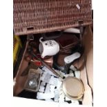 A box of misc to include a shoe last, wicker basket, tiles, chess pieces, etc