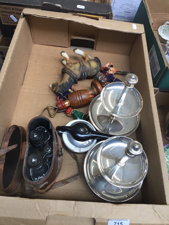 Box of items inc. binoculars, plated stands etc.