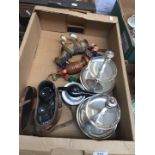 Box of items inc. binoculars, plated stands etc.