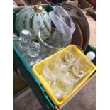 Green box inc. two decanters, other glass, trays and lamps