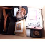 A mixed box of household items to include picture frames, etc