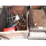 3 metal toolboxes and a wooden box of tools