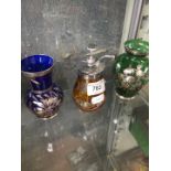 Cut amber glass scent bottle and two silver overlaid small glass vases