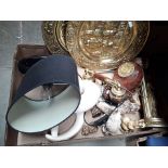 A box of misc to include 2 large brass chargers, vintage style telephone, ornaments, lamp, etc