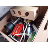 A box of misc, a camping gas light, hair dryer and a multi curl hair styler