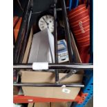 A box of household items to include smoke alarm, security door chain, HABITAT hanging shelf, Laura