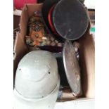 A box of misc to include top hat, binoculars, vintage helmet, hotel plaque, etc