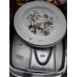 6 Royal Couldon Ironstone Paradise plates and 2 metal trays