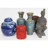 A mixed lot of Chinese items comprising a terracotta warrior height 23cm, a wood stand, a pair of