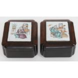 A pair of Chinese porcelain hardwood boxes, each top inset with porcelain panel, width 13cm, depth