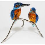 A Swarovski Paradise Birds pair of kingfishers on metal stand, height 15.5cm. Condition - one bird