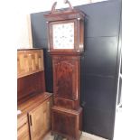 A Georgian mahogany eight day long case clock, hood with swan neck pedestal and fluted pillars,