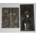 Two ecclesiastical bronze plaques, 9cm x 10cm & 7cm x 14cm.