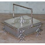 A Victorian silver plated sardine dish constructed from imitation logs, engraved lid with lion