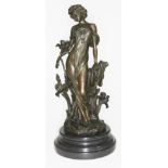 After Moreau, bronze figure depicting a lady, bearing signature, on black marble base, height 31cm.