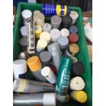 A box of mainly spray paints, car cleaning items to include Halfords, Wilko, etc.