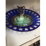 Blue glass dish, pottery washbasin jug and bowl
