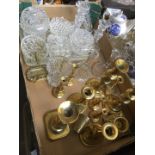 Box of brass candlesticks and glass dressing table ware