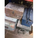 3 wooden toolboxes and a metal toolbox.