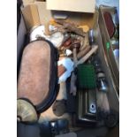 A box of small vintage items to include cut throat razor, old radio, valves, etc.