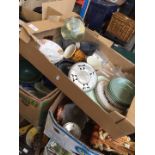 3 boxes of pottery, glass, ornaments, etc.