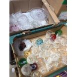 2 boxes of glass to include cut glass, jelly mold, lemon squeezers, cake stands, etc.