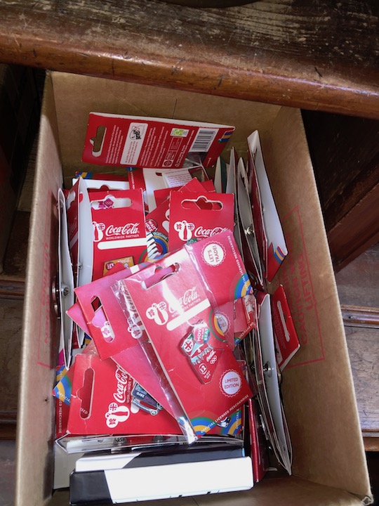 A box of 2012 London Olympic badges, approx 88 mainly Coca Cola issue