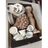 A mixed box including crockery, wooden candle holder and ceramic hedgehog