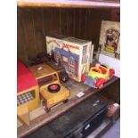 Children's wooden toys including Wallace and Gromit and Noddy car