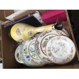 A box of pottery, plates, vase, 2 BabyCham glasses, etc.