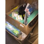 2 boxes of tagging and labelling guns, light bulbs, hair dryer etc