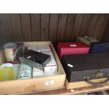 2 wooden trays containing collection of beauty products, creams, lotions, perfume and group of 5