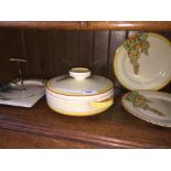 Clarice Cliff Bizarre Sunshine pattern tureen and two plates and an A.J. Wilkinson Sunny Brook