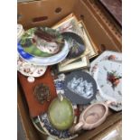 Box of pottery and pictures