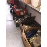 Twelve (12) boxes of garage items, tools lamps, plaques, weighing scales, pressure vessel etc