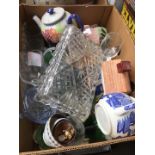 A box of misc , novelty teapots, glasses, ornaments etc
