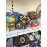Various mixed items including teapot, inlaid boxes, hand painted eggs on stands, opera glasses,