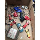 A box of Scalextric including cars and transformer - as found