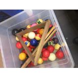 A box of mixed size snooker and pools balls, scoreboard, triangle, chalks etc