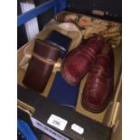 A box with burgundy gents moccasins - size 10, leather hip flask, etc