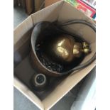 Copper coal scuttle and two brass table lamps in a box