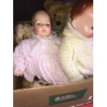 A box of soft toy bears, 2 dolls, etc.